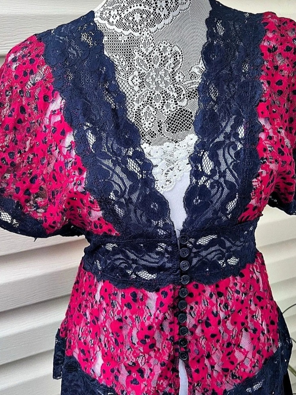 Lace Button-Front Blouse in Pink & Blue Like New